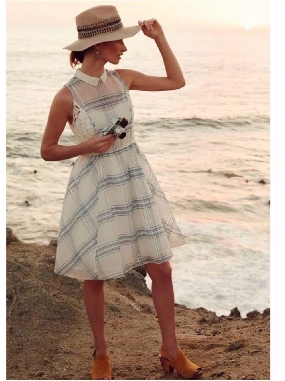 Anthropology “Sea Pane” White and Blue Plaid Sleeveless Dress